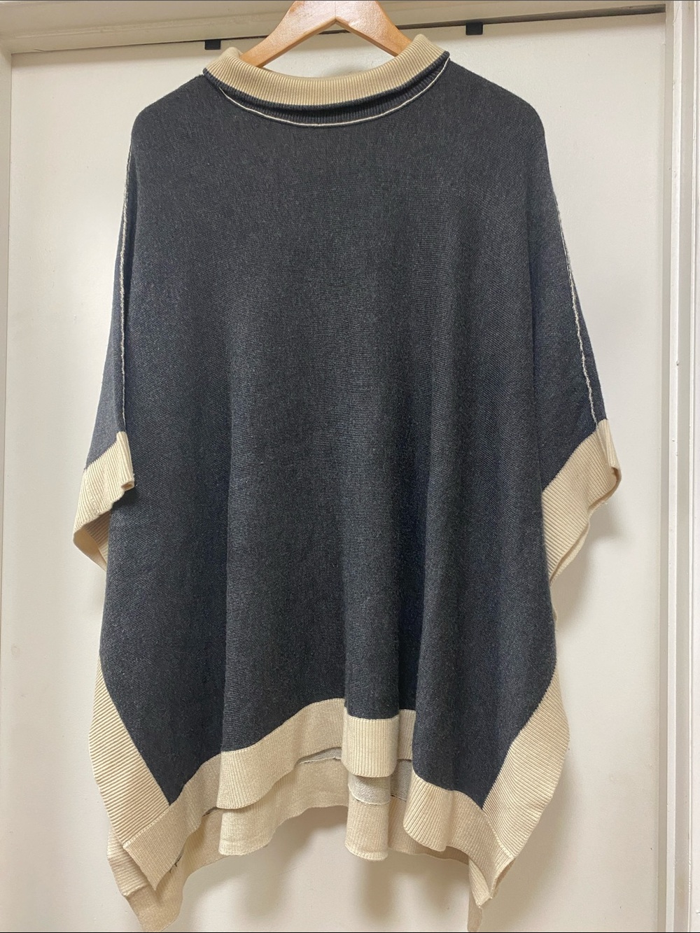 Joan Vass Charcoal and Cream Knit Poncho Sweater